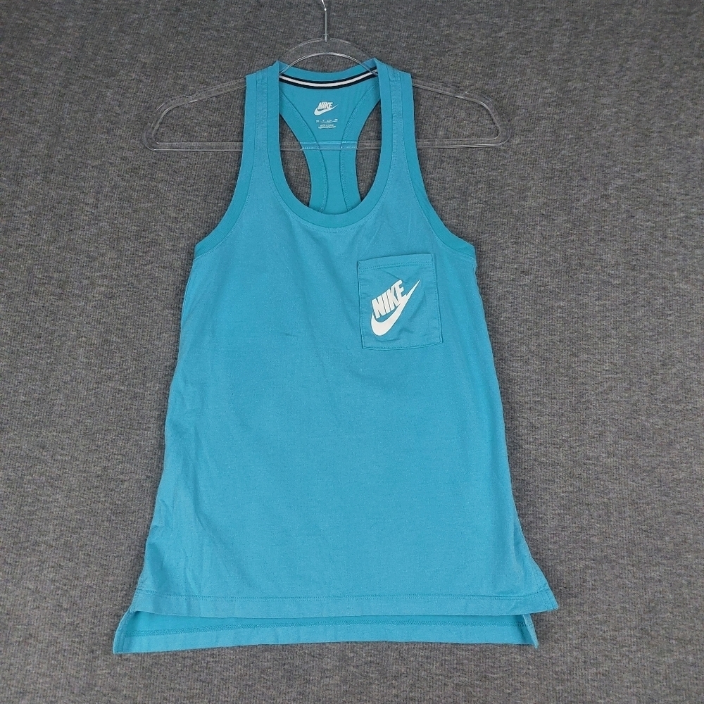 NIKE WOMENS BLUE WHITE RACERBACK SCOOP NECK SLEEVELESS POCKET TANK TOP SIZE XS